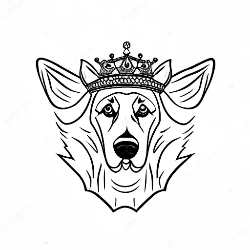 A minimalist tattoo of a German Shepherd dog wearing a crown, symbolizing its role as a mascot tattoo design idea
