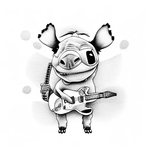 Stitch dressed as a rockstar playing a guitar tattoo design idea