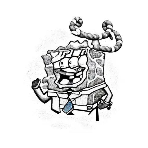 A black and grey portrait of SpongeBob Squarepants dressed in various outfits representing different school subjects tattoo design idea