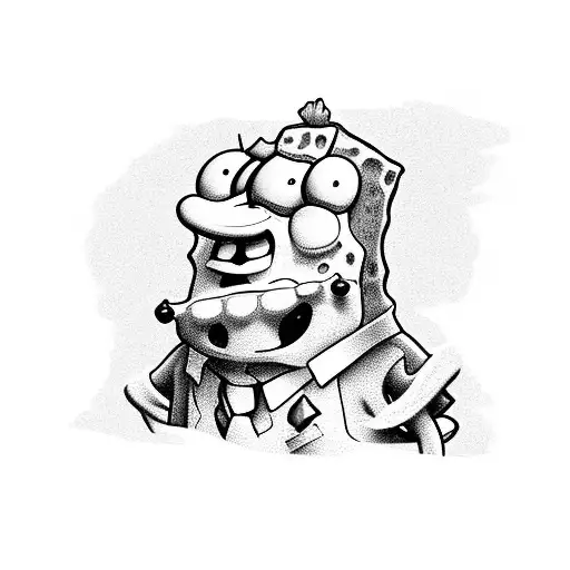 A black and grey portrait of SpongeBob Squarepants dressed in various outfits representing different school subjects tattoo design idea