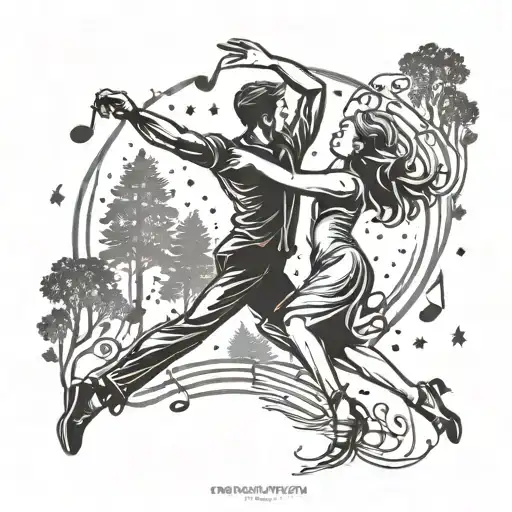 A tattoo of a couple dancing under the stars, surrounded by a forest setting and musical notes floating around them tattoo design idea