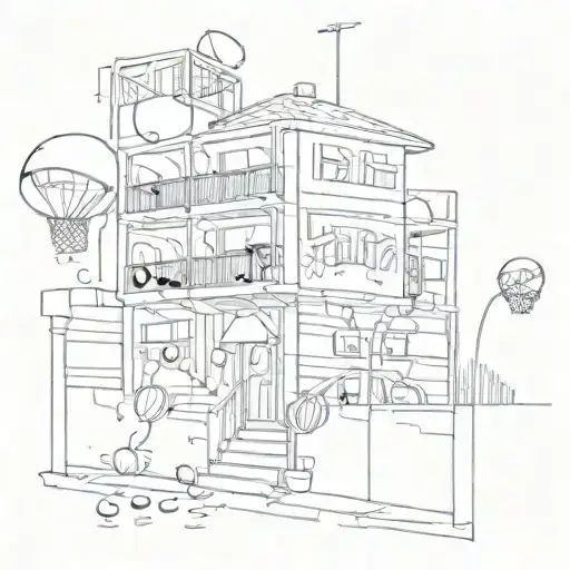 A trap house with music notes and basketballs as graffiti on the walls tattoo design idea