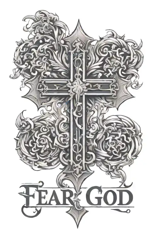 the words fear god with cross tattoo design idea