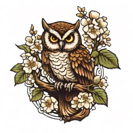 owl on a branch with white flowers tattoo design idea