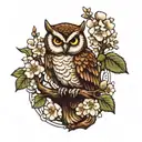 owl on a branch with white flowers tattoo design idea