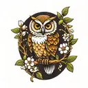 owl on a branch with white flowers tattoo design idea
