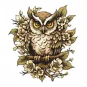 owl on a branch with white flowers tattoo design idea