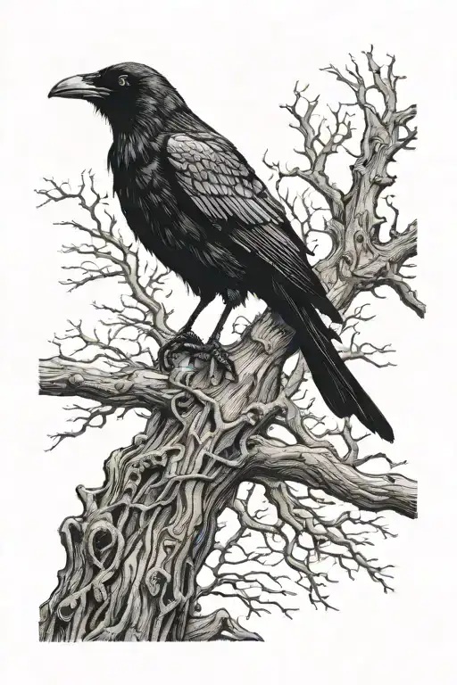crow and dead tree tattoo design idea
