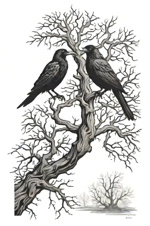 crow and dead tree tattoo design idea