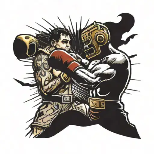 a human boxer with a mustache fights against an iron robot  tattoo design idea