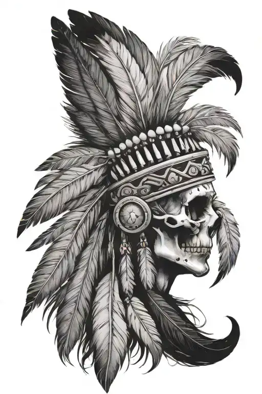 skull and indian head dress with long feathers  tattoo design idea