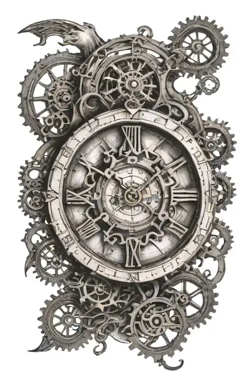 An old clock with gears and cogs forming the shape of a compass, surrounded by a crescent moon tattoo design idea