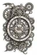 An old clock with gears and cogs forming the shape of a compass, surrounded by a crescent moon tattoo design idea