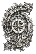 An old clock with gears and cogs forming the shape of a compass, surrounded by a crescent moon tattoo design idea