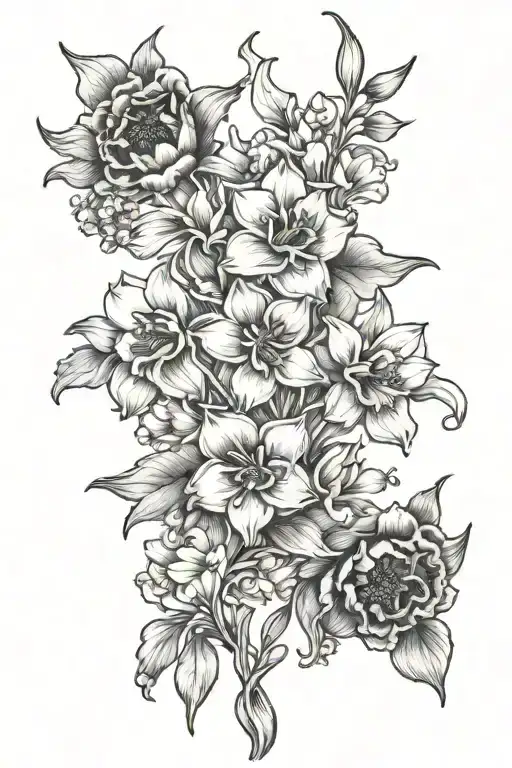 3 flowers intertwined - narcissus, poppy and larkspur  tattoo design idea