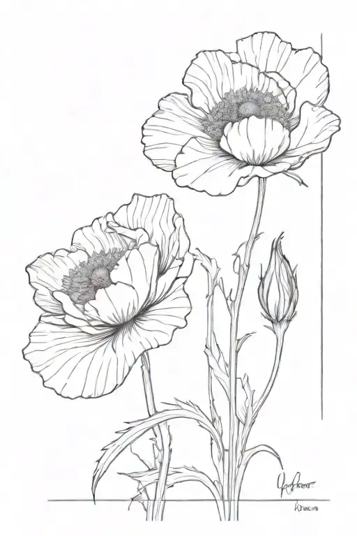 Create a fine line tattoo image with a Poppy flower, a Larkspur flower, a Narcissus flower these need to have long stems tattoo design idea