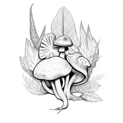 Half sleeve, nature themed with leaves, plants, a mushroom with a snail on top,  a small spider and a bird at the top tattoo design idea
