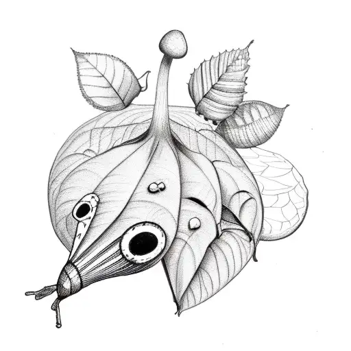 leaves, plants, flowers, a mushroom with a snail on top,  a small spider and a bird at the top tattoo design idea