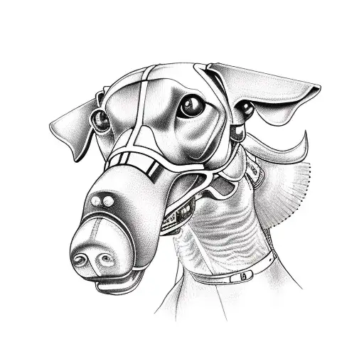 A technical blueprint of a motorcycle with a dog as the engine tattoo design idea