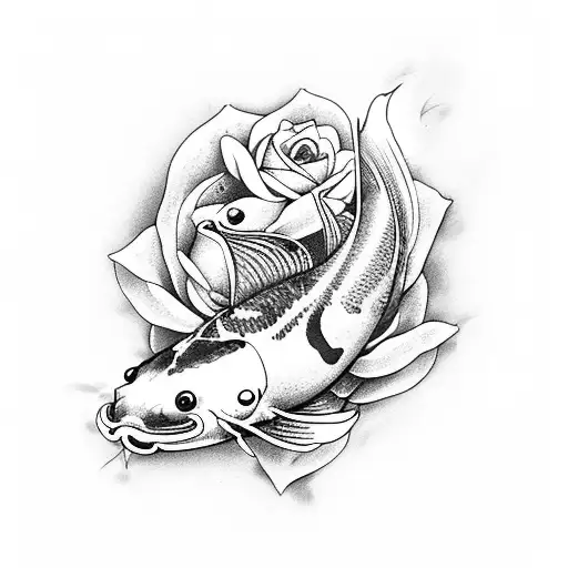 koi swimming amongst roses witha jay bird ona bra ch nearby tattoo design idea