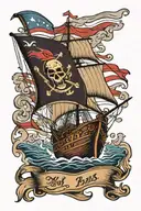 ship sailing on the ocean, with the flag of the ship showing the logo of the NFL football team the Tampa Bay Buccaneers tattoo design idea