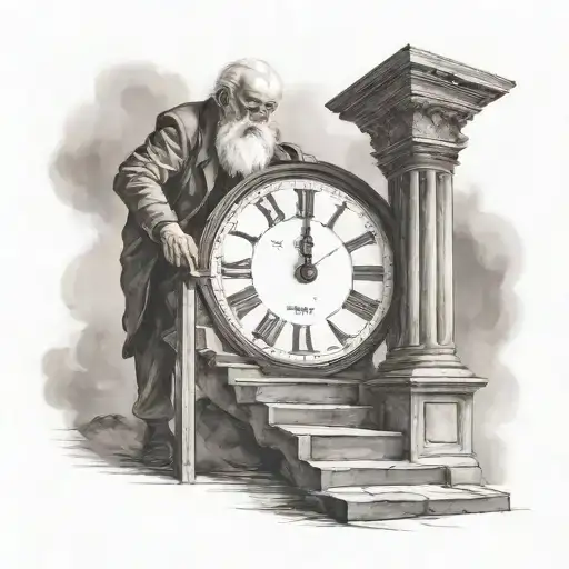 an old man goes up the stairs to heaven, next to it is a broken clock tattoo design idea