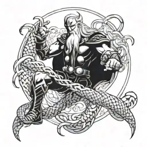 A dynamic and detailed scene of Thor battling the serpent Jormungand in a fierce blackwork style tattoo design idea