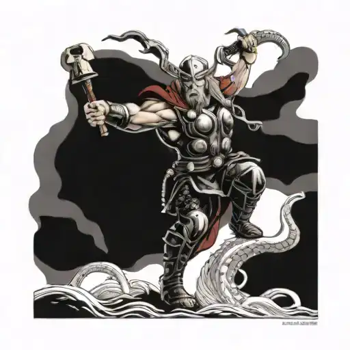 A dynamic and detailed scene of Thor battling the serpent Jormungand in a fierce blackwork style tattoo design idea