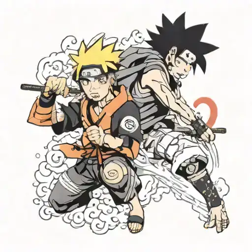 Tatuagem anime no braço estilo quadrinhos separando os personagens, são eles, Naruto Uzumaki, Tanjiro Kamado, Izuki Mido tattoo design idea