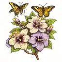 African Violet surrounded by a bee, butterfly and dragonfly  tattoo design idea