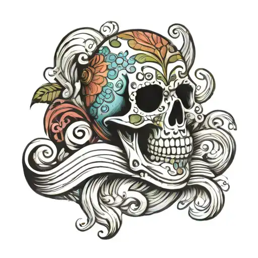 mexican skull with waves crashing tattoo design idea