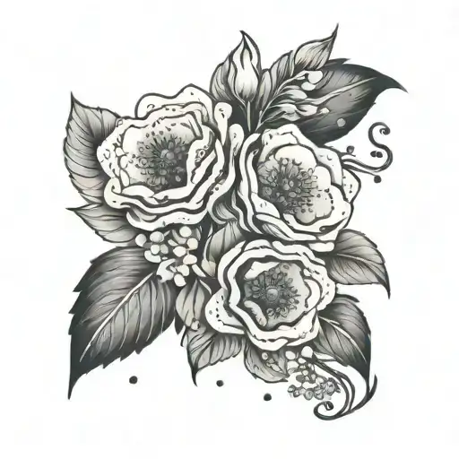 A tattoo design of a bouquet of flowers symbolizing motherhood, with Noah and Levi's names subtly incorporated in the petals tattoo design idea
