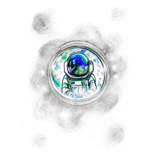 Astronaut floating in space surrounded by swirling galaxies and nebulae, holding a glowing marijuana joint tattoo design idea