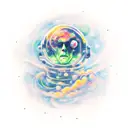 Astronaut floating in space surrounded by swirling galaxies and nebulae, holding a glowing marijuana joint tattoo design idea