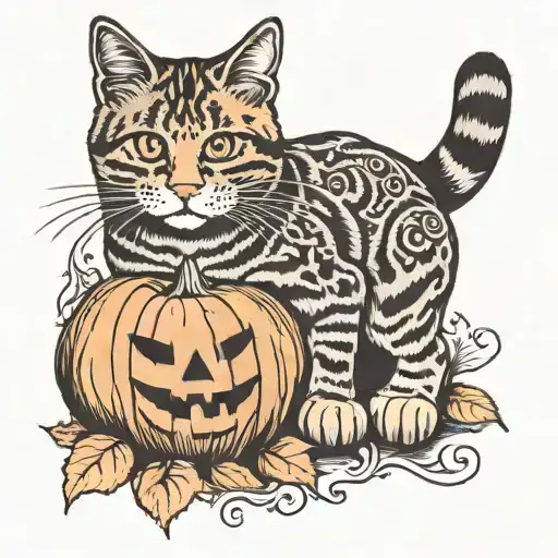 Orange cat with pumpkin  tattoo design idea