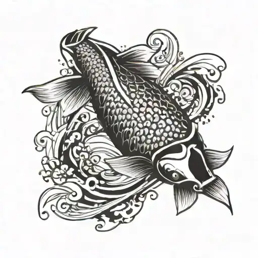 A Japanese inspired koi fish surrounded by swirling blackwork waves, symbolizing strength and perseverance in the face of challenges tattoo design idea