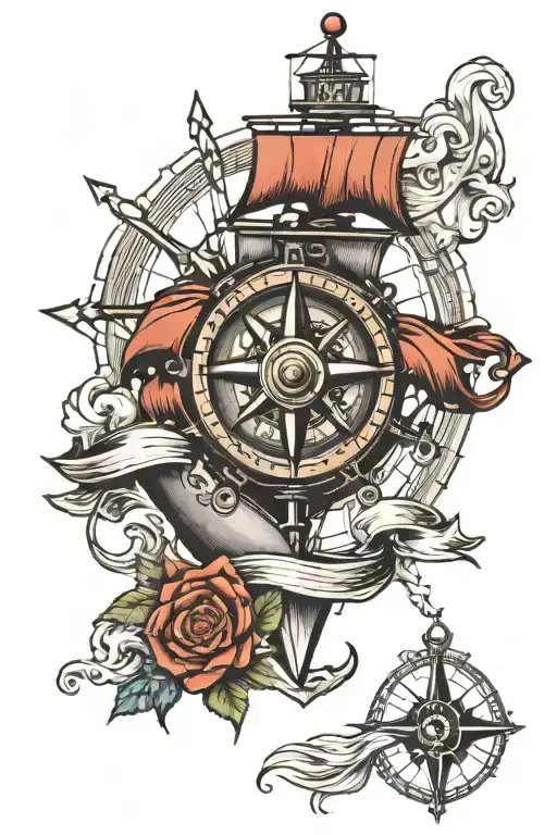 naval ship with compass and cross memorial tattoo tattoo design idea