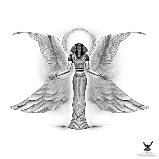 egyptian pharoah and bird with open wings under tattoo design idea