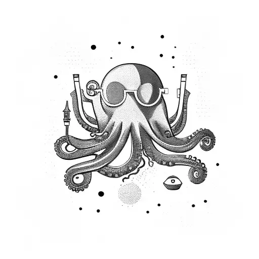 An octopus wearing retro futuristic sunglasses, holding a iced coffee cup, surrounded by space-themed elements tattoo design idea