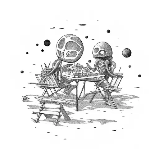 A picnic on a distant planet with aliens and a biology-themed picnic basket tattoo design idea