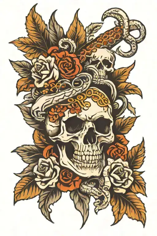 skull, snake, floral, dagger piercing tattoo design idea