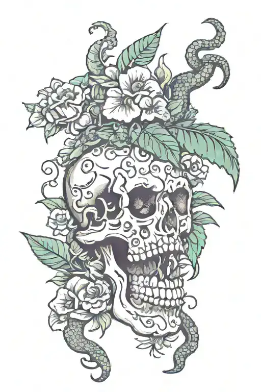 e a skull, a snake, and floral/rainforest. tattoo design idea