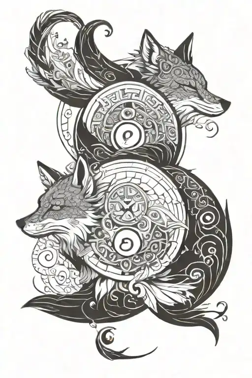 Two foxes yin yang symbol formed using intricate geometric tattoo design idea