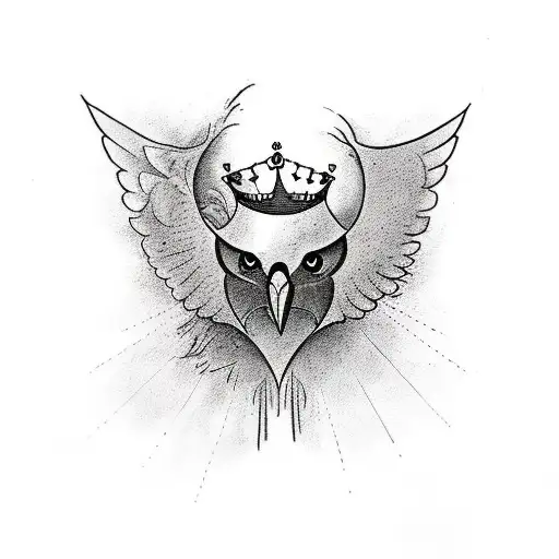 chest piece with elements such as a crow with a anatomic heart on its claws and two faces, a king and a queen tattoo design idea