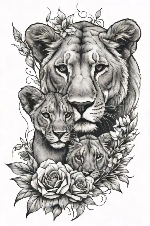 lioness and cub surrounded by flowers tattoo design idea