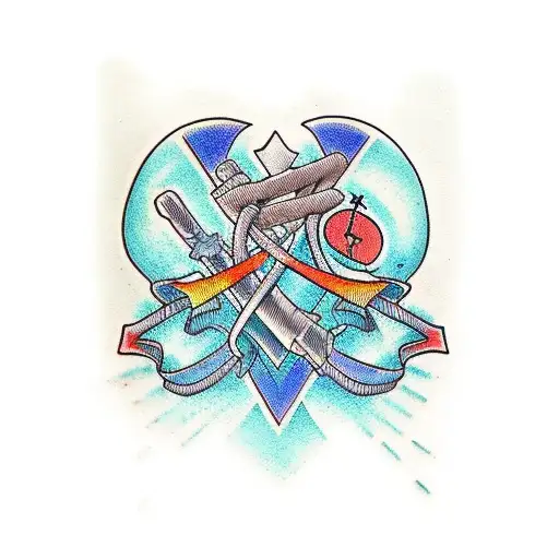 crossed axes, blue, green, black tattoo design idea