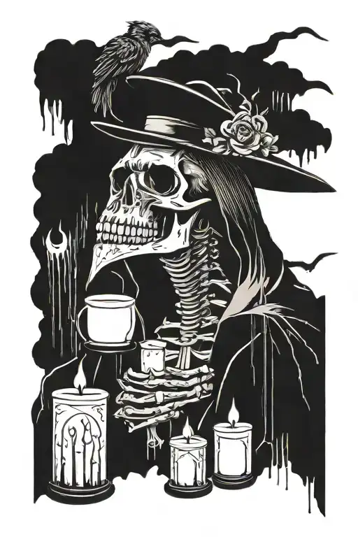 gothic, skulls, ghost, raven, plague doctor, candles, rain, lightning tattoo design idea