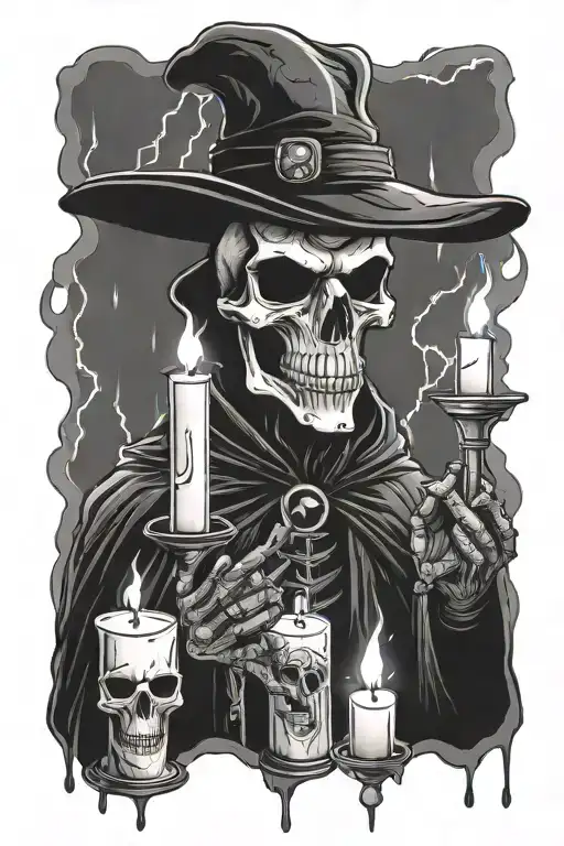 gothic, skulls, ghost, raven, plague doctor, candles, rain, lightning tattoo design idea