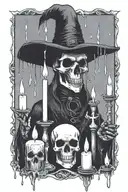 gothic, skulls, ghost, raven, plague doctor, candles, rain, lightning tattoo design idea