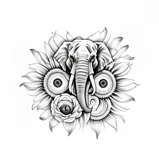 elephant skull ith feathers  and sunflowers tattoo design idea